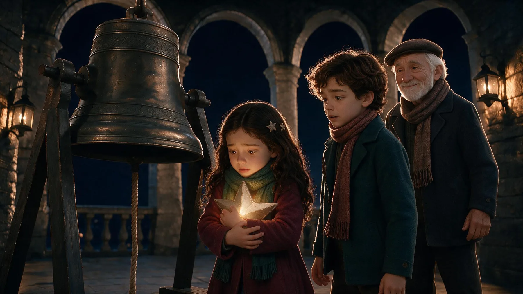 Lúa, Andrés y el abuelo Manuel en el campanario, con la estrella de Navidad